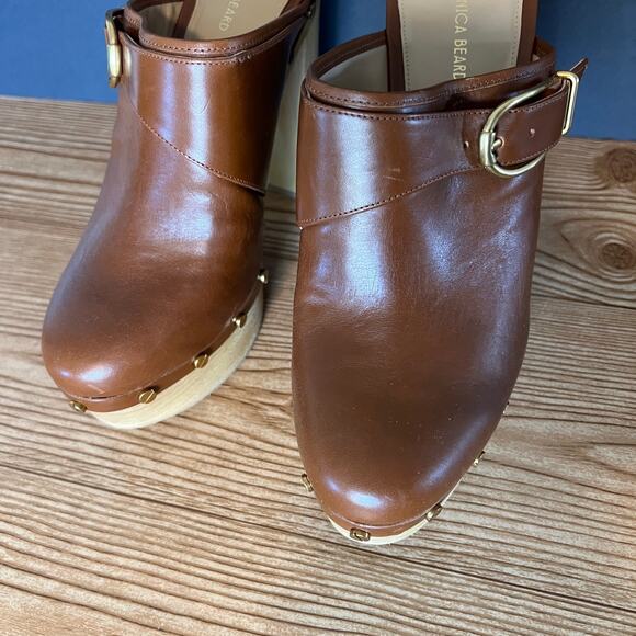 Veronica Beard Cognac Leather Wood Platform Heeled Mules Clogs Womens 10 Alek - Picture 3 of 15